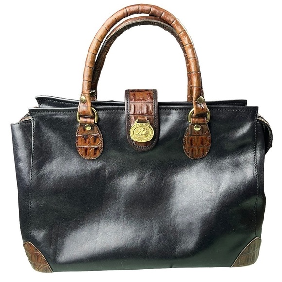 Vintage Brahmin Black Leather Tote With Brown Leather Faux Croc Detail - Picture 1 of 14